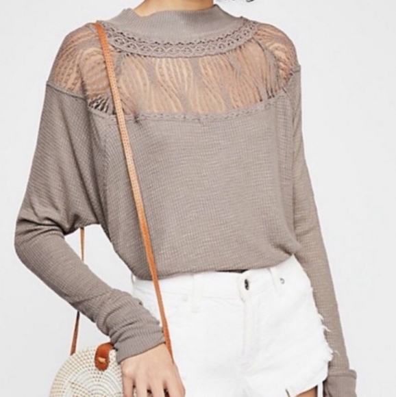 Free People Spring Valley Taupe Lightweight Thermal Knit Lace Tunic Top Wmns L - Picture 14 of 14